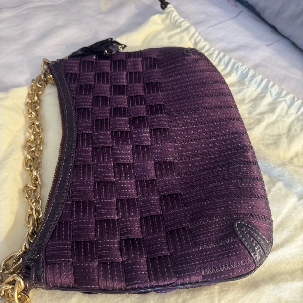 Cole Haan Genevieve purple satin woven purse with gold chain straps